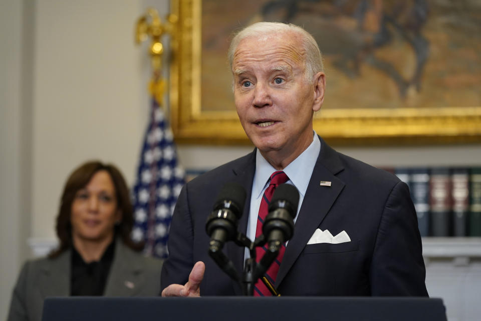 President Joe Biden speaks about border security in the Roosevelt Room of the White House, Thursday, Jan. 5, 2023, in Washington. Vice President Kamala Harris stands at left. (AP Photo/Patrick Semansky)