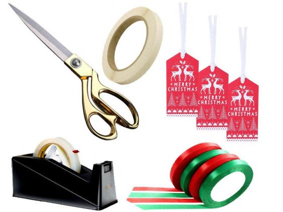 Scotch table top C10 dispenser, £9.63; AKORD tailoring scissors, £8.43; Double-sided sticky tape, pack of six, £5.70; Paperchase Scandi gift tags – set of five, £1.50; Tatuo satin ribbon – 100 yards, £10.00.