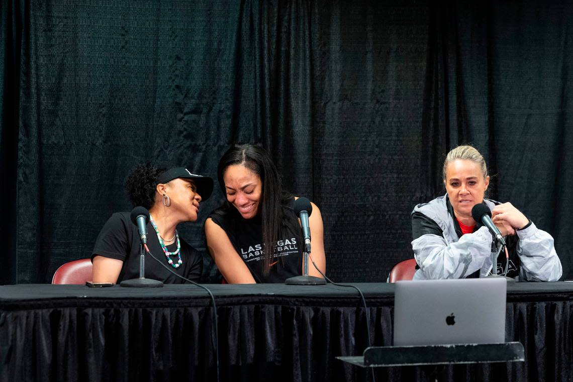 University of South Carolina Head Coach Dawn Staley and A’ja Wilson laugh as Las Vegas Aces head coach Becky Hammon speaks during a press conference in the Colonial Life Arena on Friday, May 10, 2024. The Aces will play the Puerto Rico National team in an exhibition game.