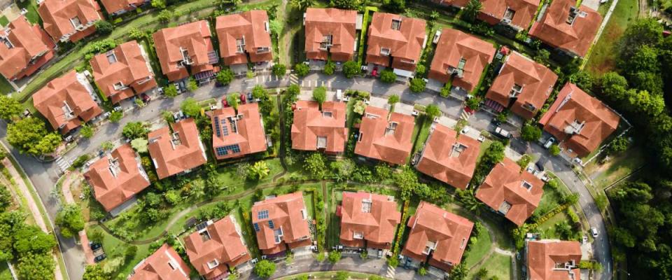 An aerial top down view of luxury bungalow house