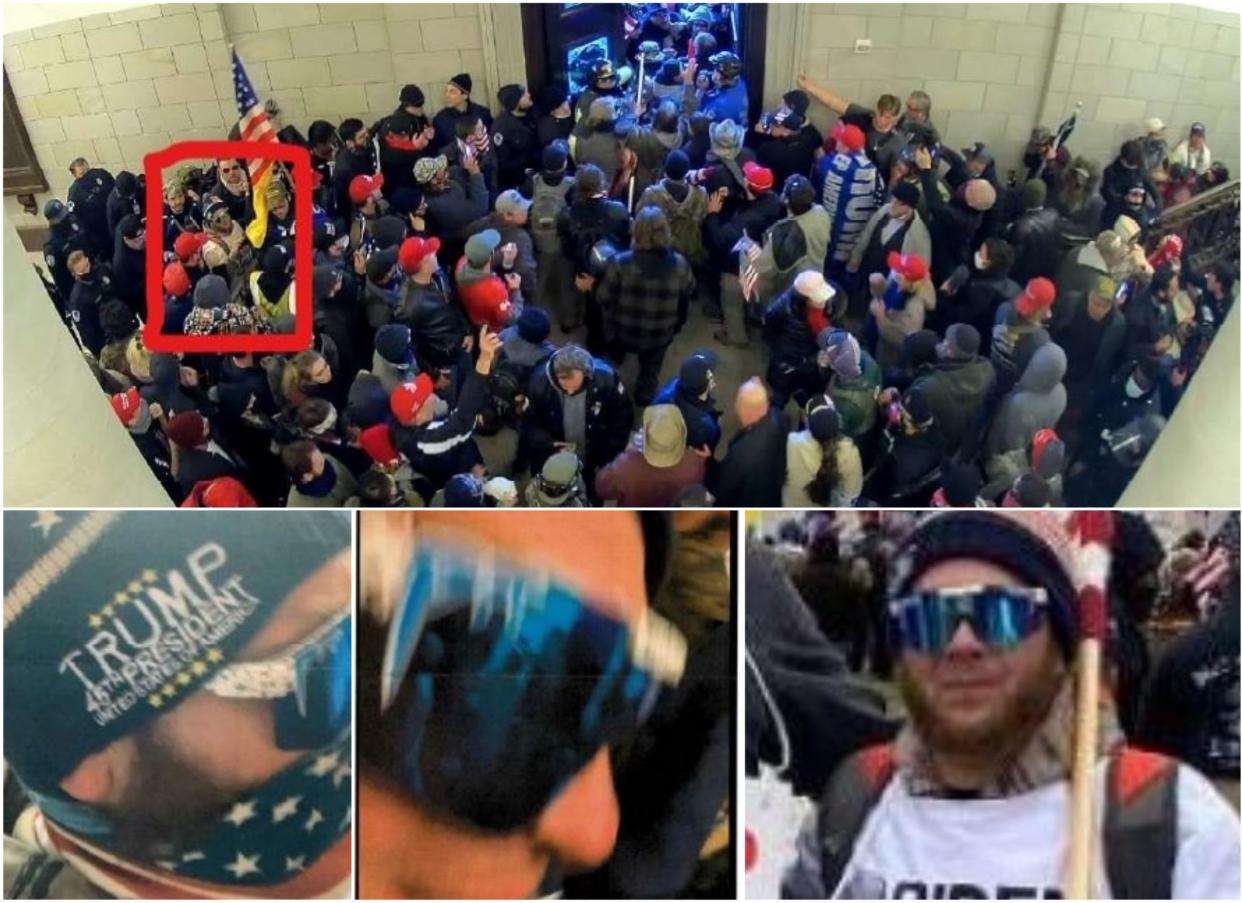 Federal law enforcement authorities included these images in court records to allege that 34-year-old Nicholas Hendrix of Gorham, Maine, had illegally entered the U.S. Capitol during the riot there on Jan. 6, 2021. The images were taken from surveillance footage and from videos Hendrix captured on his own cellphone, according to the records.