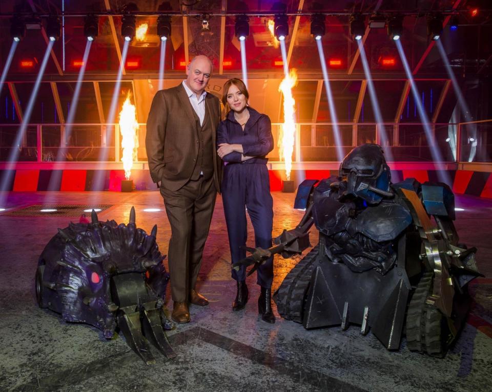 Presenters Dara O Briain and Angela Scanlon with ‘Robot Wars’ stars Matilda and Sir Killalot 2.0 (BBC)