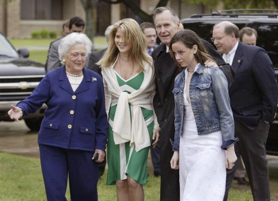 From left: former First Lady Barbara Bush with her granddaughters Jenna Bush Hager and Barbara Piece Bush. | LUKE FRAZZA/AFP/Getty