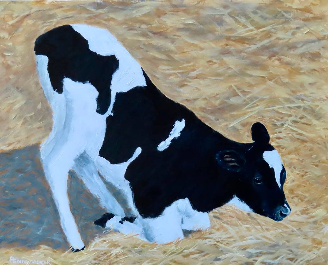 Barb Pennypacker’s “Calf’s First Steps” is on display in the East Rotunda of the State Capitol in Harrisburg as part of a show from the Farmland Preservation Artists of Central Pennsylvania.