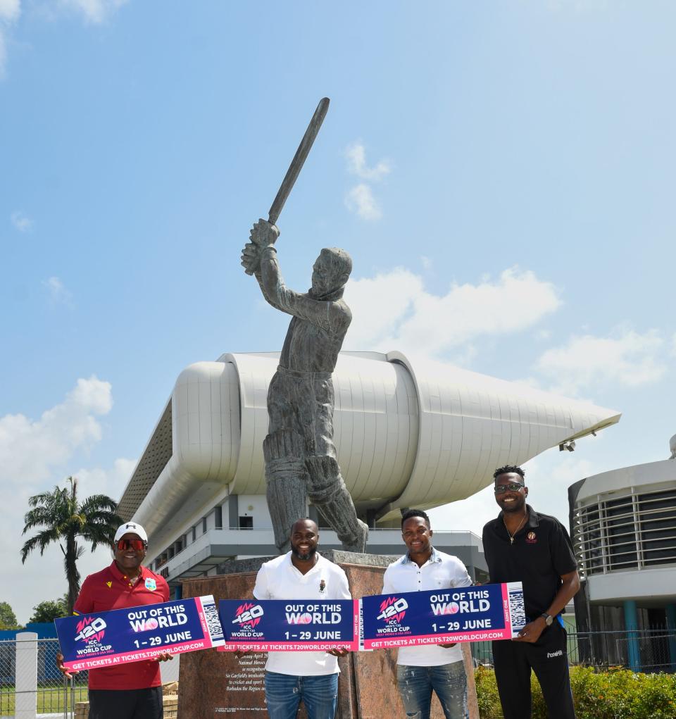 Left to right: Former West Indies players Demond Haynes, Ashley Nurse, Fidel Edwards and Sulieman Benn at the launch of the ICC Men’s T20 CWC tickets at Kensington Oval, Bridgetown, Barbados, on January 31, 2024.