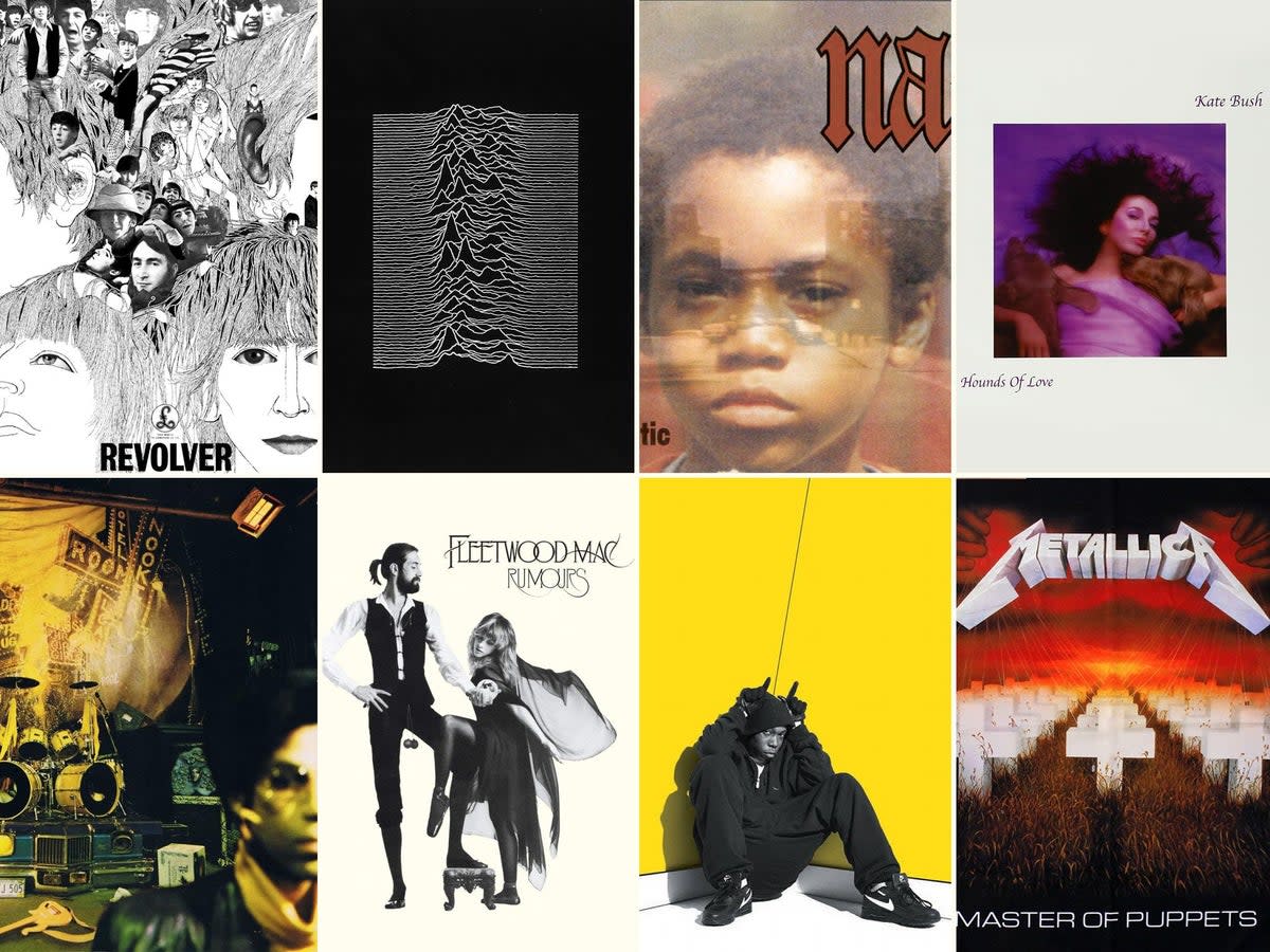 Left to right, from top row: Revolver (The Beatles), Unknown Pleasures (Joy Division), Illmatic (Nas), Hounds of Love (Kate Bush), Sign o’ the Times (Prince), Rumours (Fleetwood Mac), Boy in da Corner (Dizzee Rascal), Master of Puppets (Metallica)