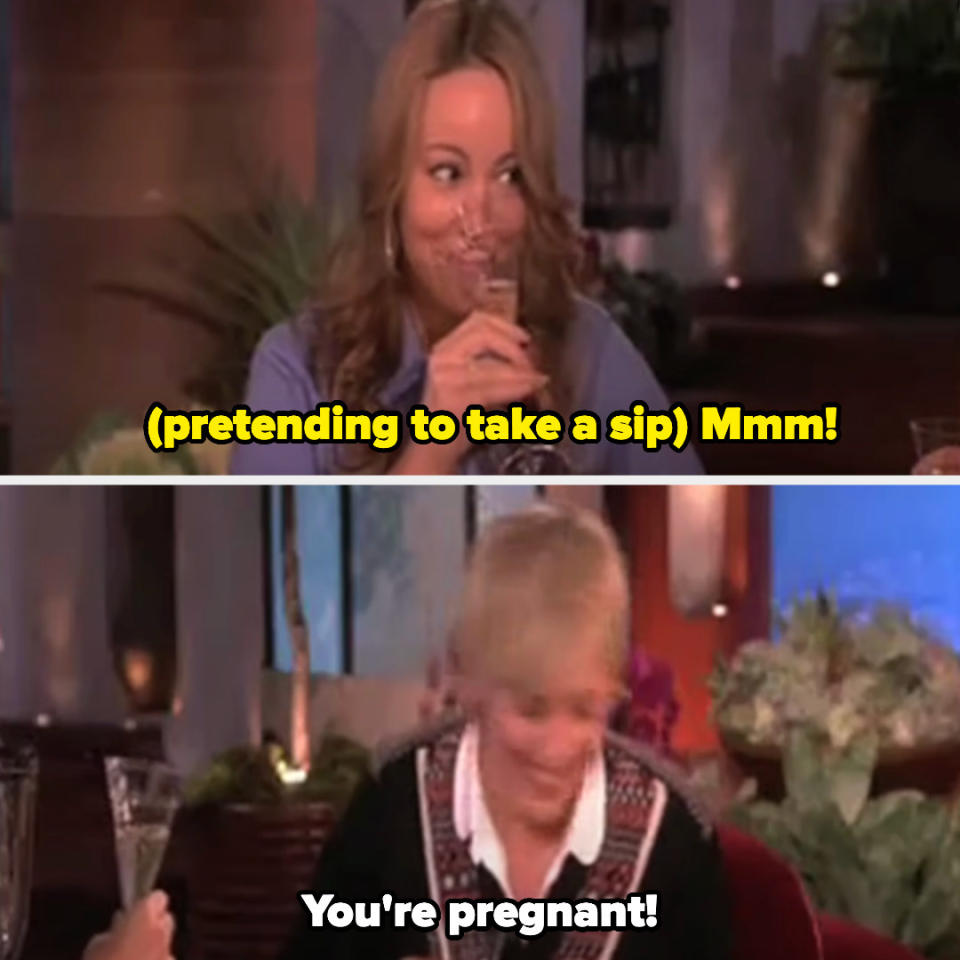 Mariah pretends to take a sip of the champagne and Ellen exclaims, "You're pregnant"