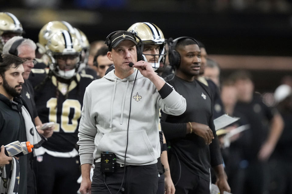 New Orleans Saints head coach Dennis Allen walks on the sideline during the second half of an NFL football game against the Detroit Lions, Sunday, Dec. 3, 2023, in New Orleans. (AP Photo/Gerald Herbert)