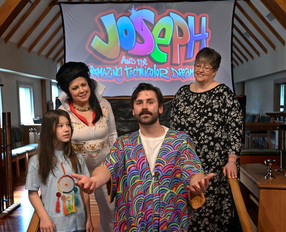 The cast for the musical "Joseph and the Amazing Technicolor Dreamcoat" at St. Peters Episcopal Church in Osterville includes, from left,  Isabela Arraes, Anne Spillane, Max Teplansky (as Joseph), and Bridget Williams (as the narrator).