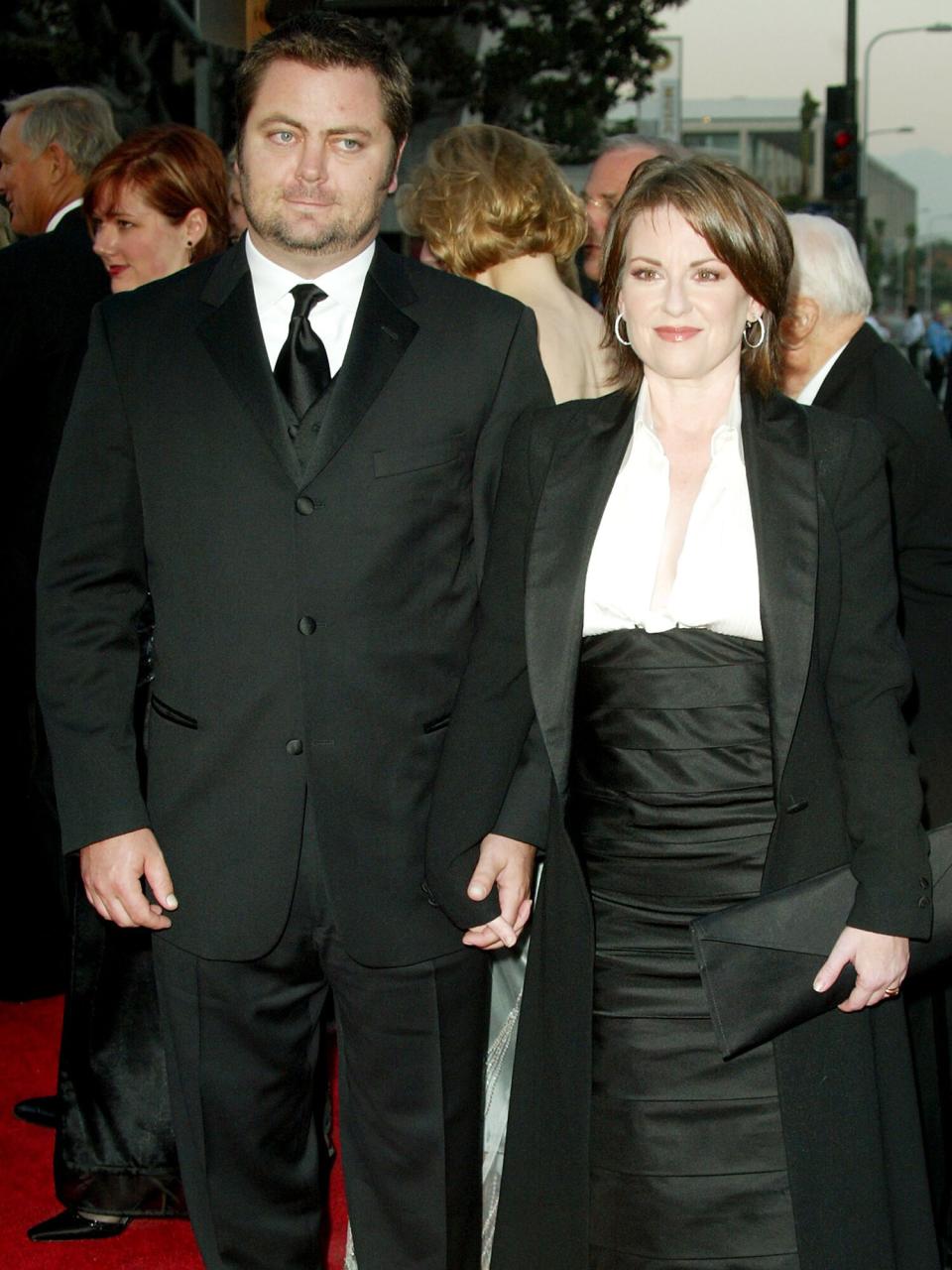 Nick Offerman and wife, actress Megan Mullally arrive at the Walt Disney Concert Hall opening gala, day three of three, October 25, 2003 in Los Angeles, California