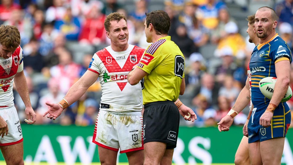 Seen here, Dragons hooker Jacob Liddle pleads with the referee after a controversial knock-on call went against hi side.