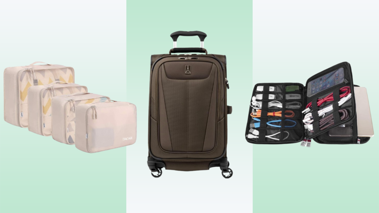 pastel packing cubes, brown carry-on suitcase, tech cable organizer
