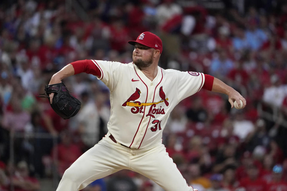 St. Louis Cardinals starting pitcher Jon Lester throws during the first inning of a baseball game against the Chicago Cubs Saturday, Oct. 2, 2021, in St. Louis. (AP Photo/Jeff Roberson)