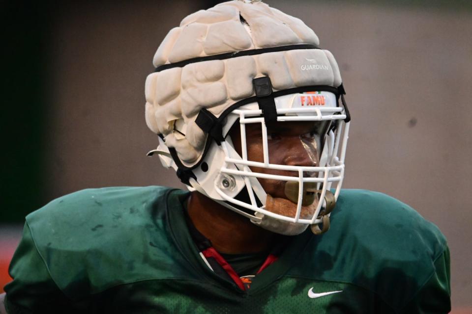 Florida A&M football left tackle Jalen Goss looks on during the third day of spring practice at Bragg Memorial Stadium in Tallahassee, Florida on Friday, March 10, 2023