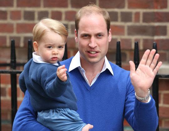 Prince William brings Prince George to St. Mary’s Hospital to meet his little sister after Kate Middleton gives birth. (Photo: Getty Images)
