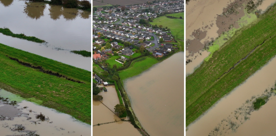 Fiskerton, near Lincoln, is at risk of flooding as the river comes close to bursting its banks following heavy rain from Storm Babet. (TheDroneMan.net)