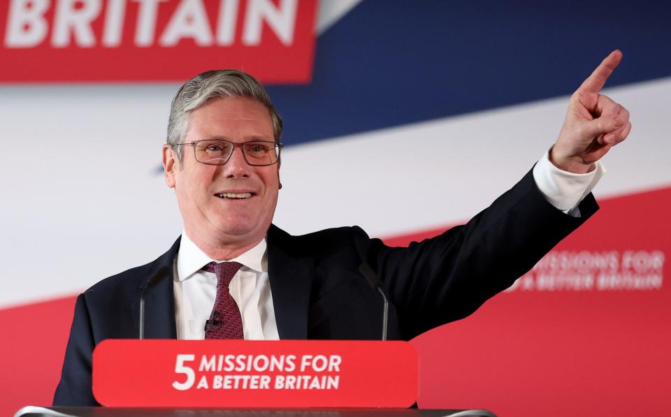 Sir Keir Starmer, the Labour leader, is pictured delivering a speech at Port Vale Football Club this morning - Nathan Stirk/Getty Images Europe 