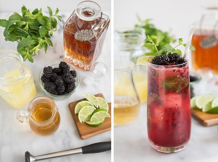 Ingredients for a blackberry bourbon smash next to a poured glass