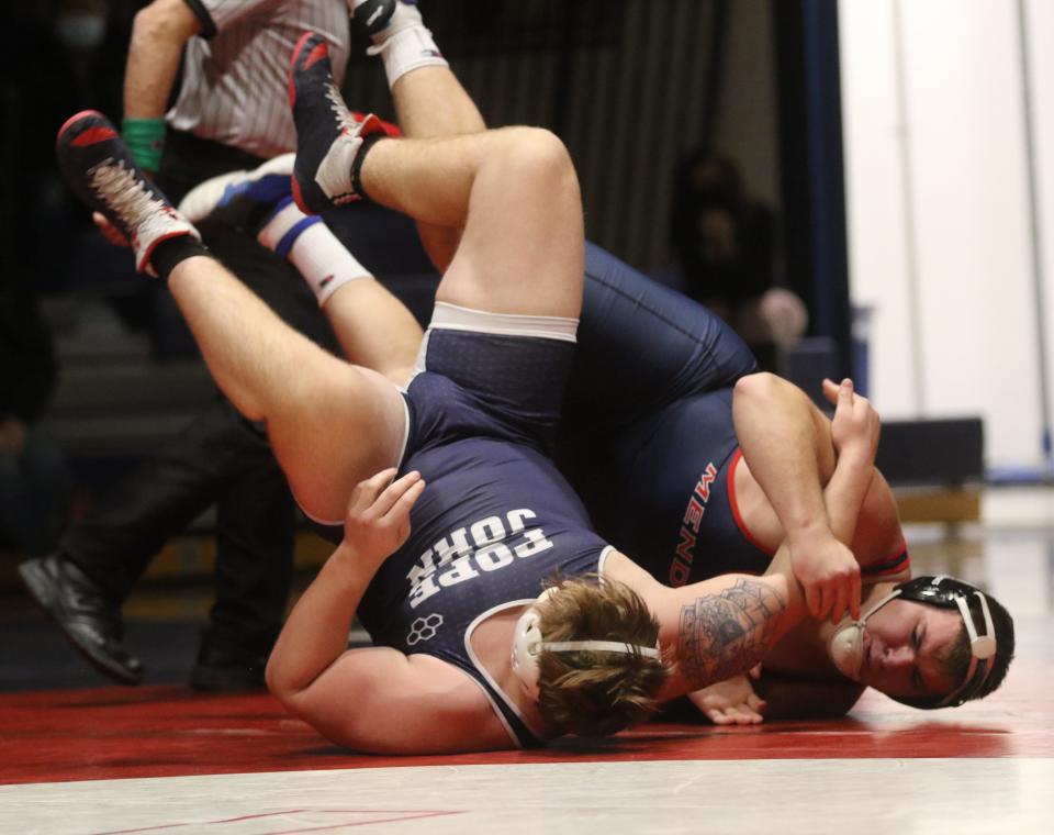 Jake Rubin of Pope John defeated Josh Herrmann of Mendham in the 285 lb. match as Pope John wrestled Mendham on January 5, 2022 at Mendham.