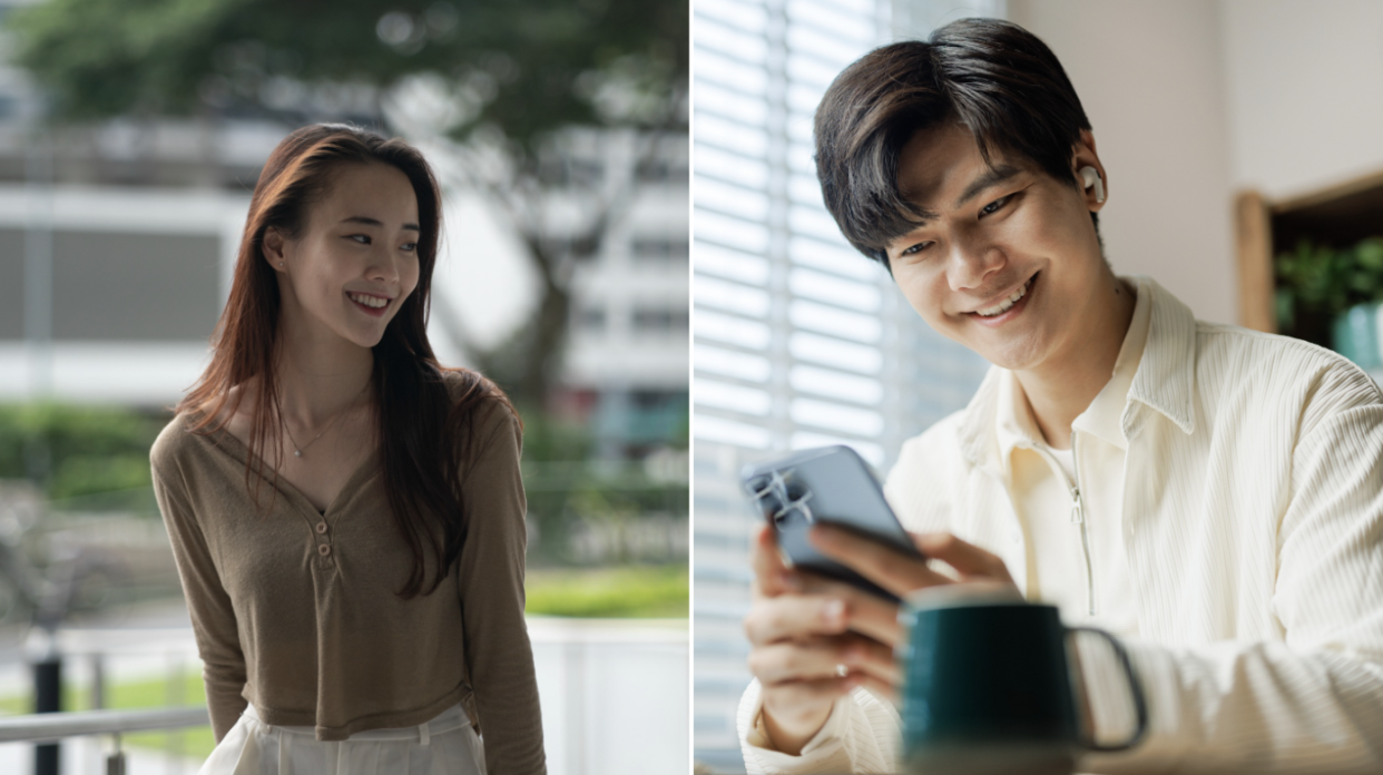 A young woman (left) and young Asian man smiling at phone as Singaporeans couples delay their decision to start a family and have children.