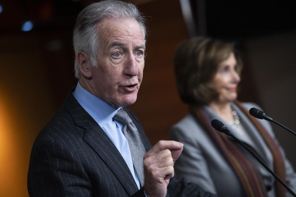 UNITED STATES - JANUARY 29: Ways and Means Chairman Richard Neal, D-Mass., and Speaker of the House Nancy Pelosi, D-Calif., conduct a news conference in the Capitol Visitor Center to announce a new infrastructure investment framework on Wednesday, January 29, 2020. (Photo By Tom Williams/CQ-Roll Call, Inc via Getty Images)