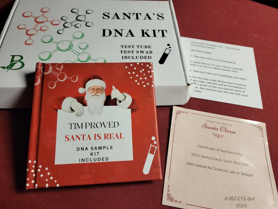 The Santa's DNA Kit includes a certificate of authenticity and a children's story about a boy who used a DNA kit to prove that Santa is real.