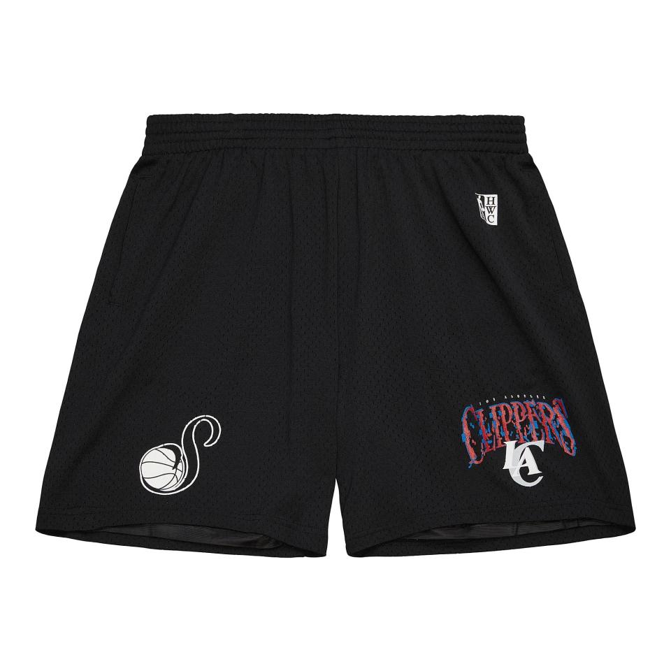 black shorts with clippers logo and suga logo on corners of legs