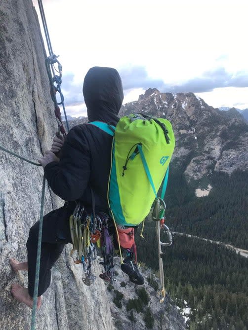 Rappelling steep rock face with the G7 Haul Pack.