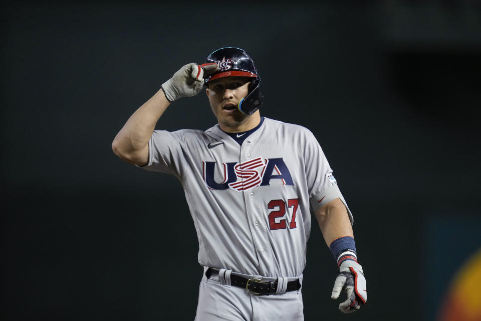 United States' Mike Trout reacts after hitting an RBI single against Colombia during the third inning of a World Baseball Classic game in Phoenix, Wednesday, March 15, 2023. (AP Photo/Godofredo A. Vásquez)