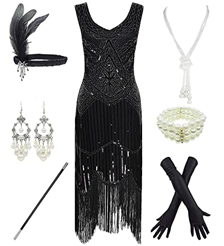 1920s Gatsby Sequin Fringed Paisley Flapper Dress with 20s Accessories Set (M, Black)