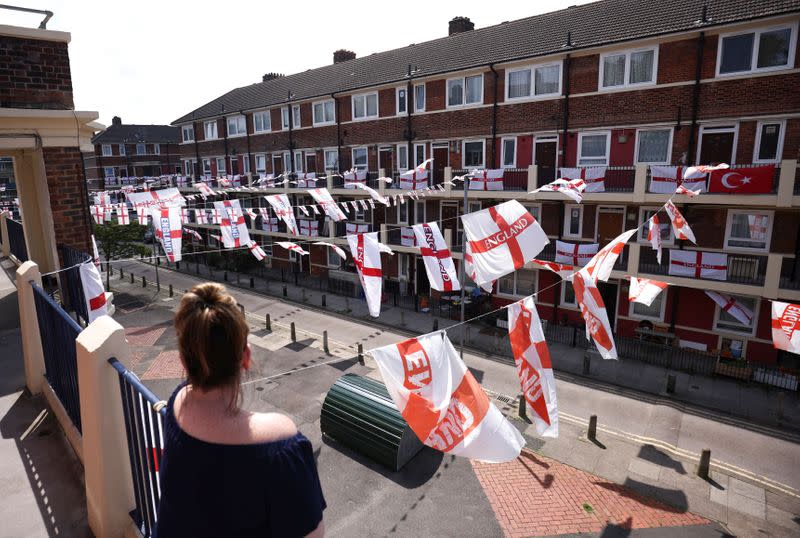 The Kirby Estate, which has been decorated with hundreds of England flags, is seen in London