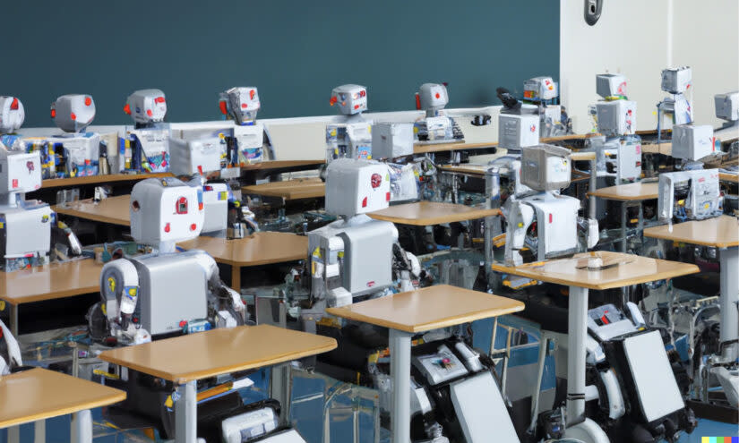 An AI generated image by Dall-E prompted with text “classroom full of robots sitting at desks.” (Dall-E)