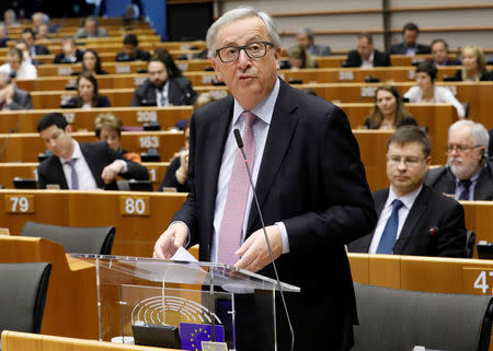 European Commission President Jean-Claude Juncker presents a white paper to the European Parliament on options for shoring up unity once Britain launches its withdrawal process, in Brussels, Belgium, March 1, 2017. REUTERS/Yves Herman