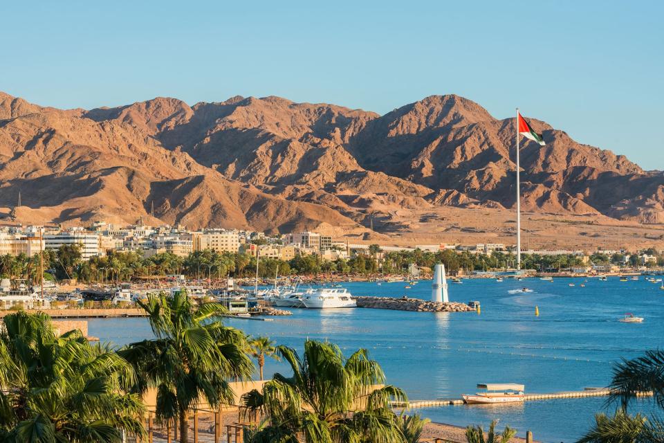 Palm trees are pictured on the coastline of Aqaba, with boats sitting in the marina and mountains in the background.