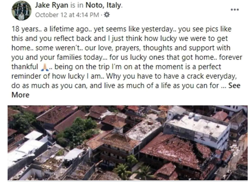 Jake Ryan's post on the 18-year anniversary of the Bali bombings, pictured here on Facebook.