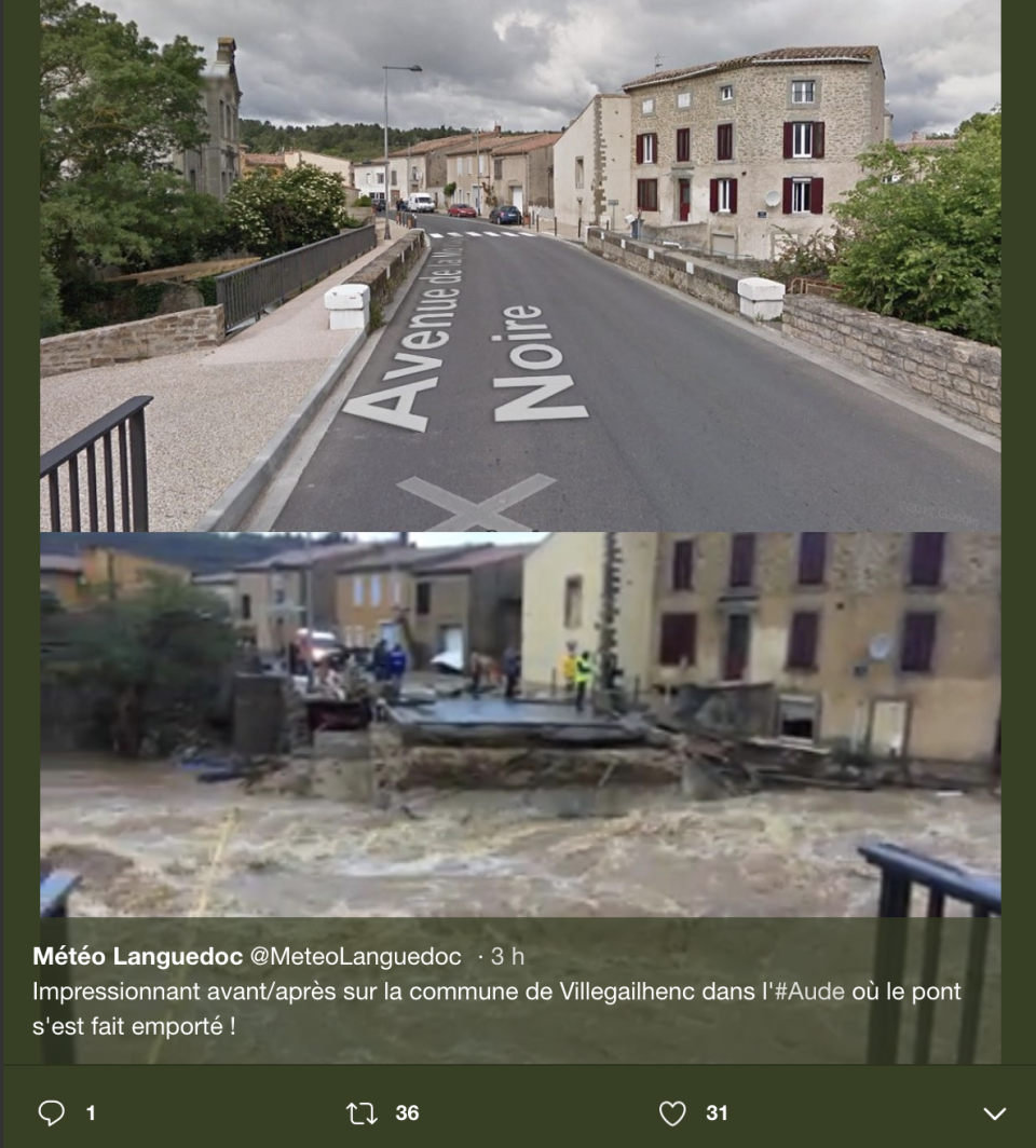 <p>Dans le village de Villegailhenc, où deux personnes sont mortes, l’eau a emporté un pont, comme le dévoile cette spectaculaire photo avant/après publiée par Météo Languedoc.<br>(Crédit : DR) </p>