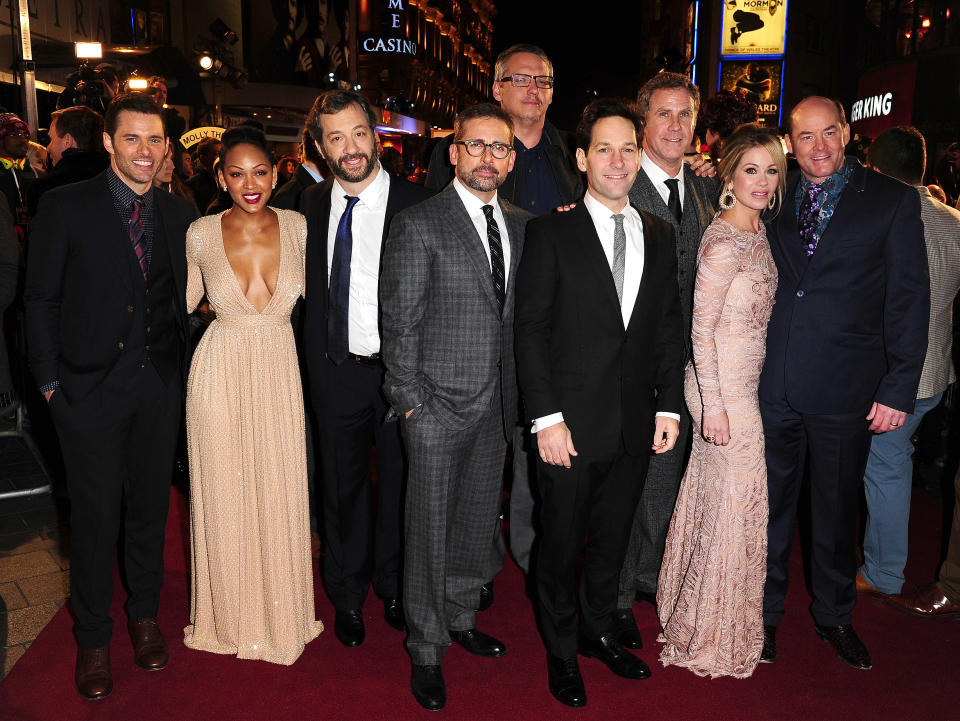 James Marsden, Meagan Good, Judd Apatow, Steve Carell, Adam McKay, Paul Rudd, Will Ferrell, Christina Applegate and David Koechner attending the UK premiere of Anchorman 2 at the Vue West End cinema, London. 