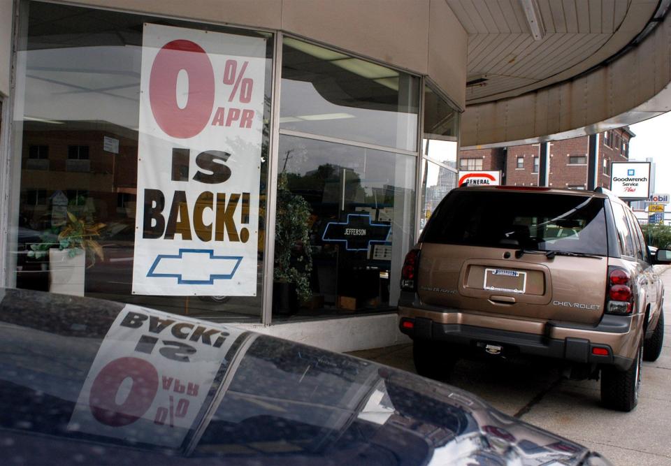 The 0% financing deal, oddly enough, remains in 2023 on select models at a time when many borrowers took on a 9% average new car loan rate in June u002du002d the highest average in nearly 20 years, according to data from Cox Automotive. File art: Sign reflects on the hood of a Chevrolet Trailblazer sport utility vehicle on Aug. 19, 2002. at Jefferson Chevrolet in Detroit. Nine days after the terrorist attacks on Sept. 11, 2001, General Motors, offered no-interest financing to u0022Keep America Rolling,u0022 as the campaign was called. (AP Photo/Paul Warner)