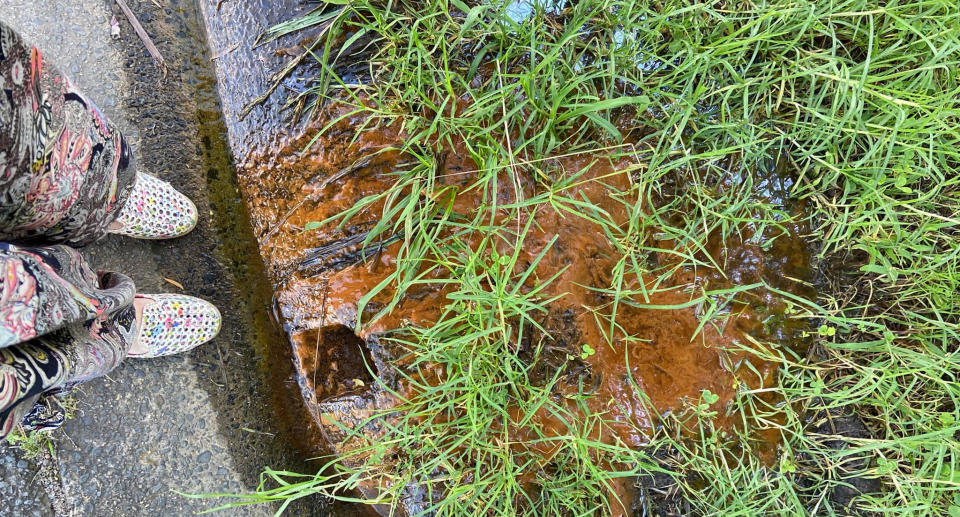 The reddish-brown substance is iron oxide and appears when groundwater comes into contact with oxygen in the atmosphere. Source: Facebook 