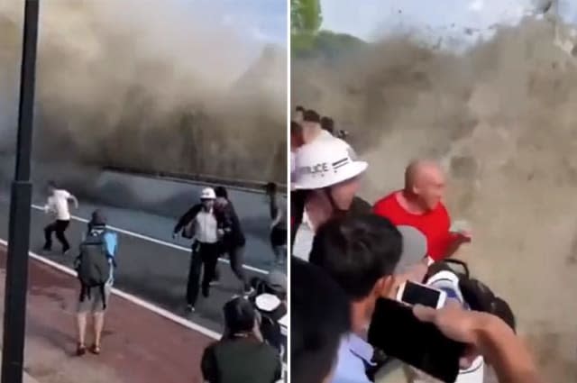 Spectators flee as massive tidal waves slam onto shore in eastern China