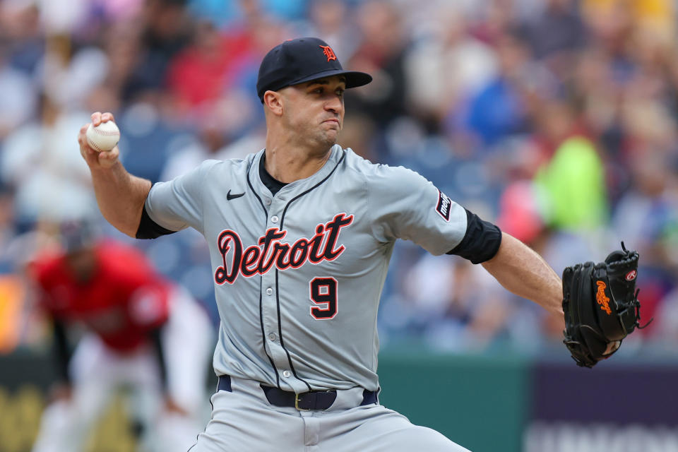 CLEVELAND, OH - JULY 24: Detroit Tigers starting pitcher Jack Flaherty (9) delivered a pitch to the plate during the first inning of the Major League Baseball game between the Detroit Tigers and Cleveland Guardians on July 24, 2024, at Progressive Field in Cleveland, OH. (Photo by Frank Jansky/Icon Sportswire via Getty Images)