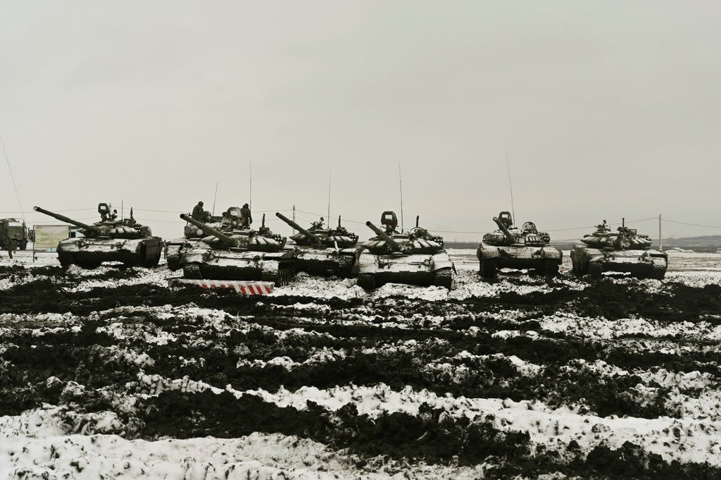 Russian tanks take part in drills at the Kadamovskiy firing range in the Rostov region in southern Russia (AP Photo) (AP)