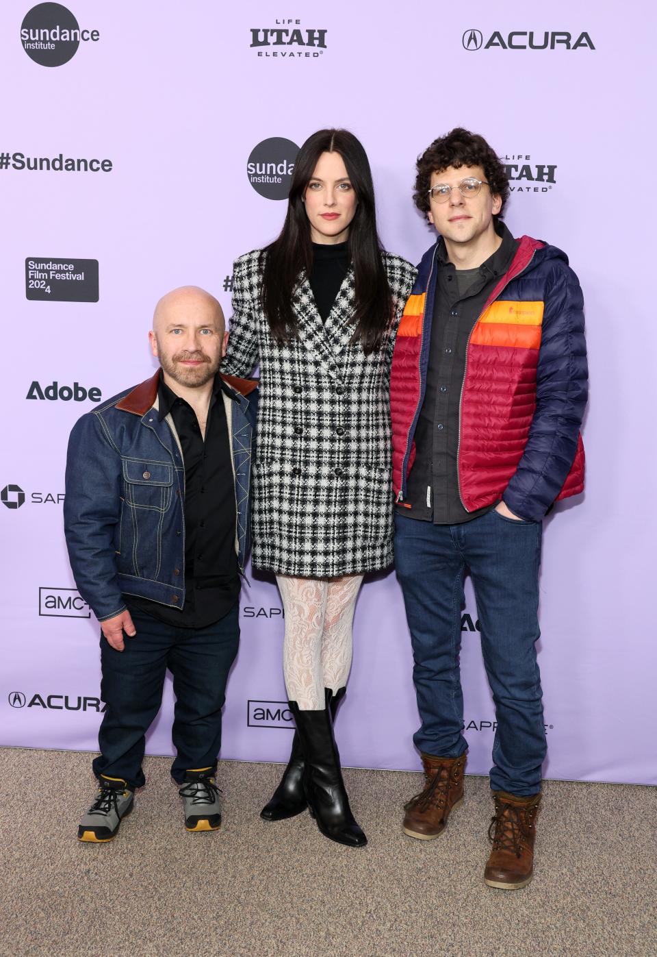 Christophe Zajac-Denek, from left, Riley Keough and Jesse Eisenberg attend the premiere of "Sasquatch Sunset" at the 2024 Sundance Film Festival.