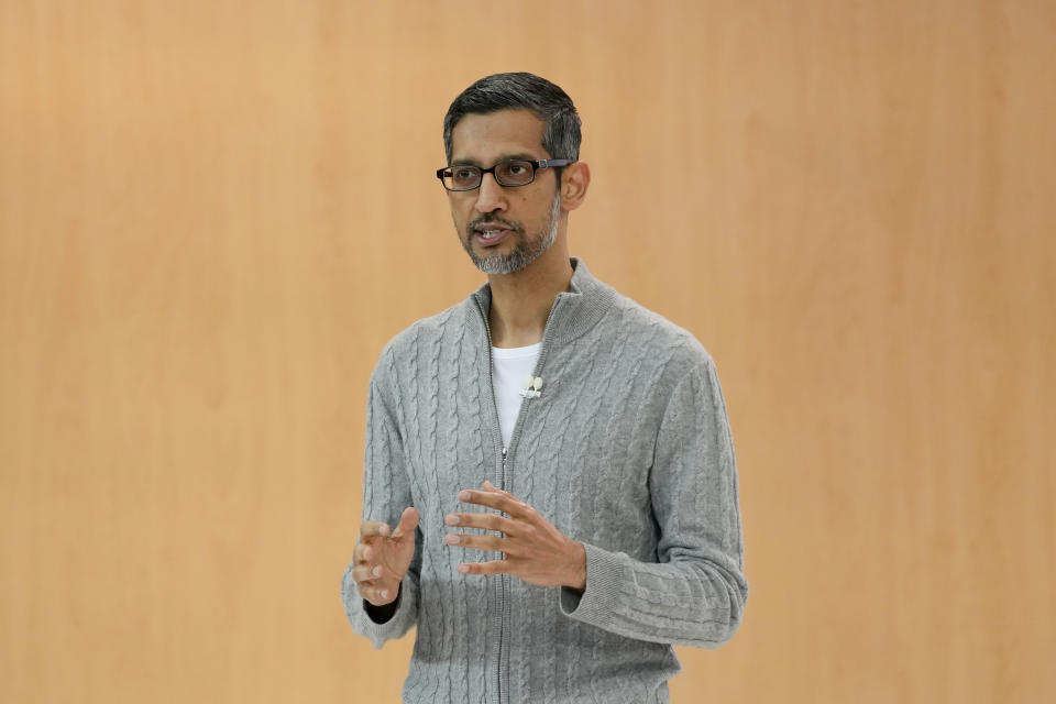 FILE - Alphabet CEO Sundar Pichai speaks at a Google I/O event in Mountain View, Calif., on May 10, 2023. After ballooning for years, CEO pay growth is finally slowing. Pichai ranked No. 1 in the AP’s pay survey this year with a package valued at $226 million. (AP Photo/Jeff Chiu, File)