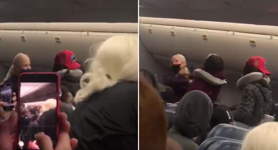 Passenger seen filming as the flight attendant reacts to being hit. 