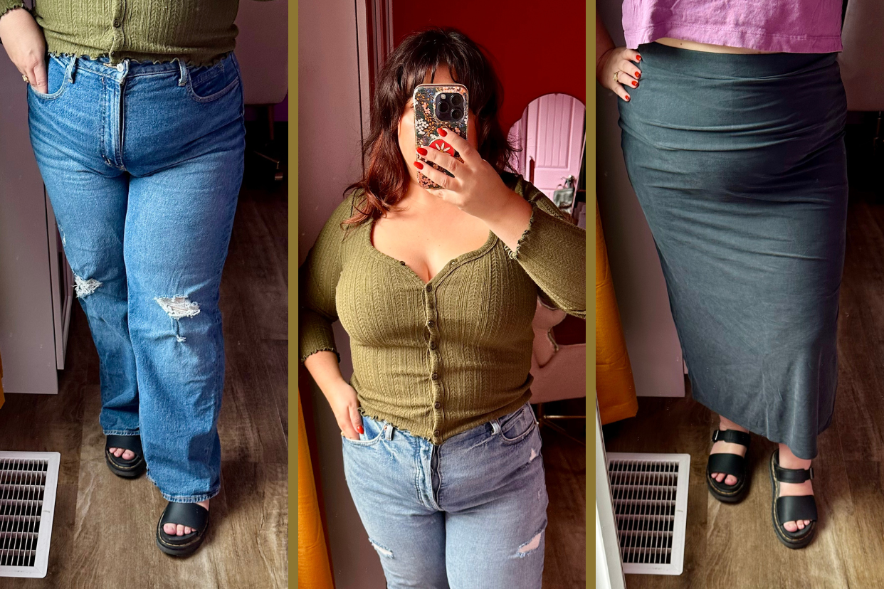 collage of plus-size woman wearing old navy jeans, shirt and skirt