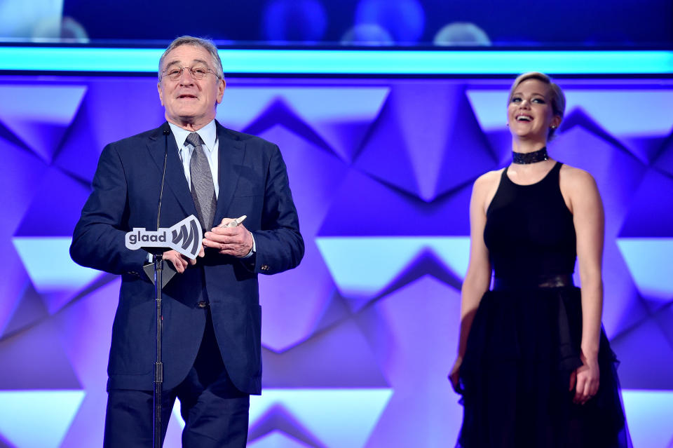 Robert De Niro and Jennifer Lawrence onstage