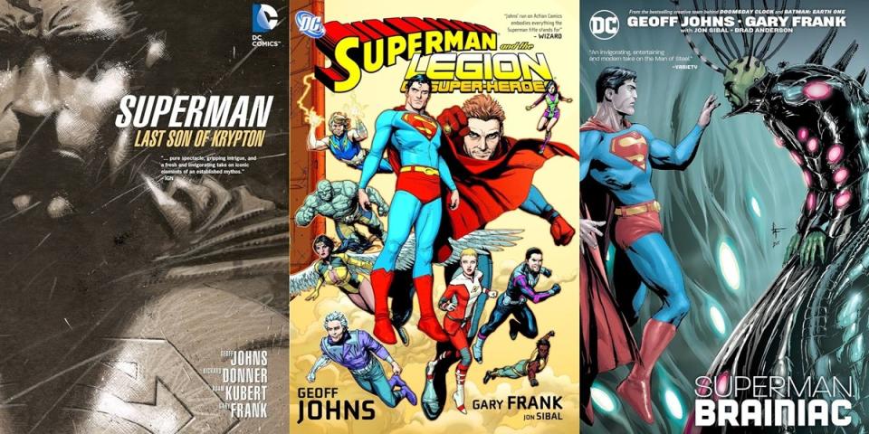 Art from several collections of Geoff Johns's Superman work, from artists Andy Kubert and Gary Frank.