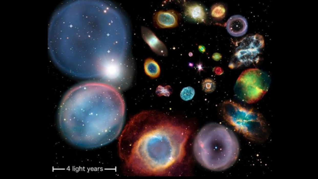  An illustration shows 22 planetary nebula arranged according to size. 