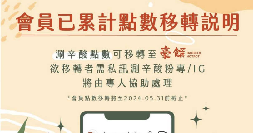 涮辛酸會員點數轉移辦法，作業時間至2024年5月31日止。（圖／翻攝自涮辛酸臉書）